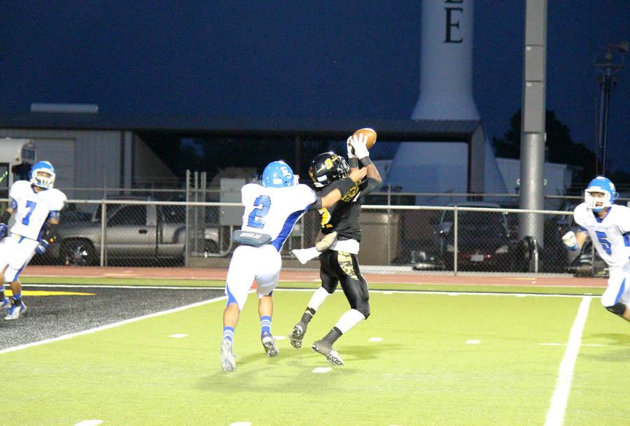 Junior defensive back Sabraun Adams snags a potential Panther touchdown for one of his two interceptions during the homecoming win on Sept. 13. The Indians defeated Fort Stockton, 39-7.