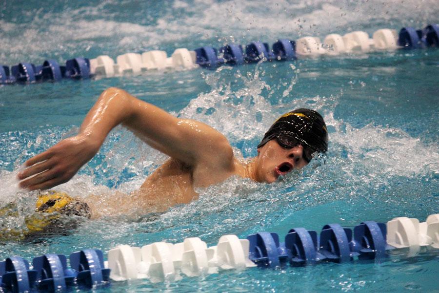 Need for speed--
Freshman Ruger Jones swims the 50 freestyle during the Keller Meet on Dec. 14. Jones took 10th with a time of 26.81.