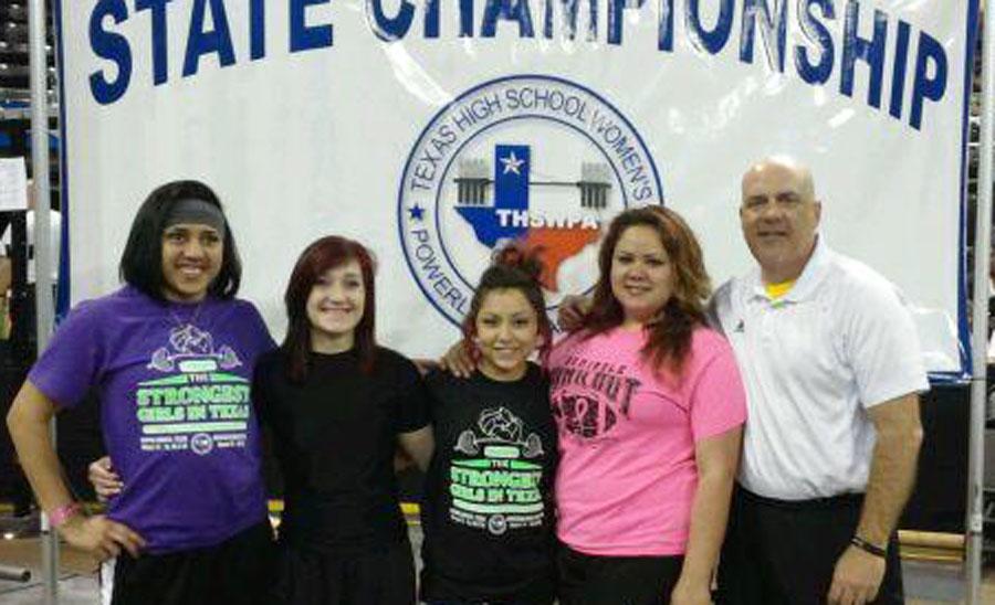 State powerlifters--
Sophomore Brittany Kelly, sophomore Madi Werner, freshman Amanda Rodriguez, junior Sara Medrano, Coach Thomas Snethen