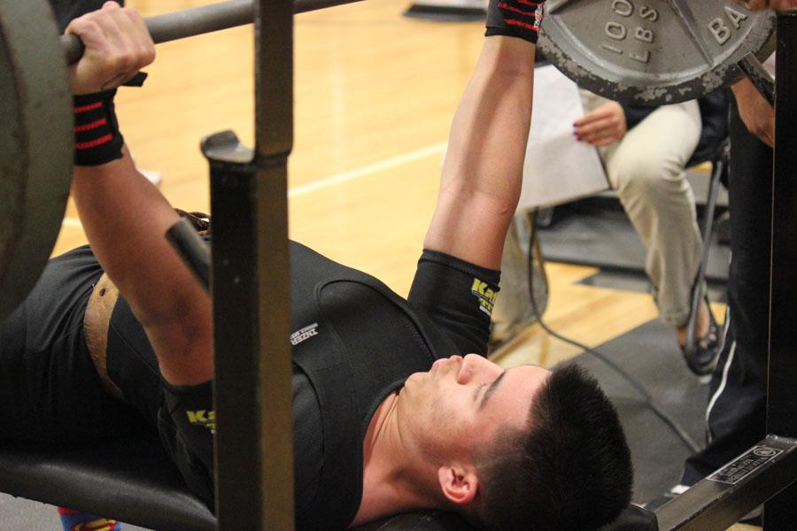 Show of strength--
Junior Andrew Alvidrez benches 300 pounds in his first place finish at the Seminole meet on Feb. 8. Alvidrez took second place in state on March 21, lifting a combined 1,330 pounds.