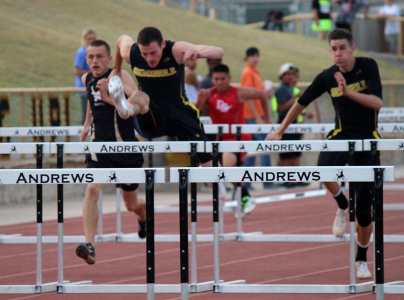 Record-breaking--
Senior Trevor Greenfield takes first place and breaks his own school record of 39.60 seconds by running the 300 hurdles in 38.63 seconds at the Mustang Relays in Andrews on March 21. Senior Hayden Everitt finished in fourth in 41.12 seconds.