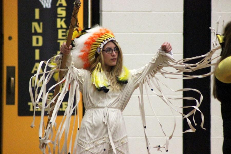 Fringe flying
Senior mascot Aubrey Owens dances along with the cheer during the Maidens third district game on Jan. 16. The Maidens defeated Greenwood, 54-39, to stay undefeated in league play.
