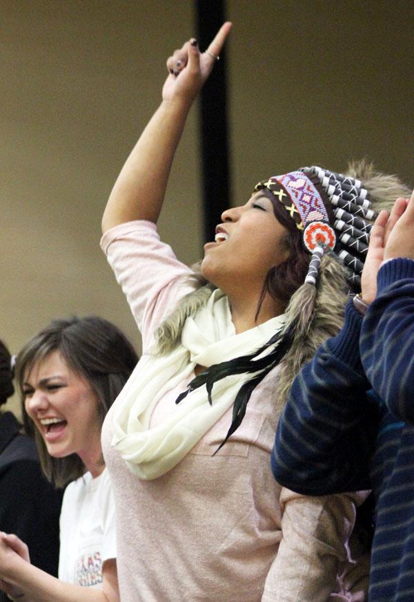 Final victorycry
Senior Samantha Gomez wears a war bonnet for the basketball pep rally on Jan. 16. Gomez said she ordered the headdress online especially for her senior year.