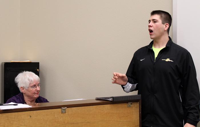 Money music--
Senior Jaxon Williams practices his solo “Money-O” with his accompanist Jean Moffat on Jan. 27. Williams took a Division I  on Jan. 31 to advance to state.