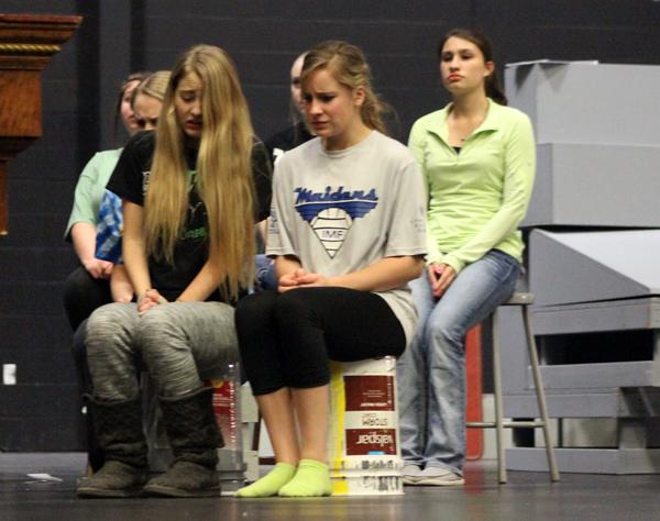 Love interest--
Sophomore Nikki Loewen  as Ellen Sewell struggles with issues during A Night in Jail with Thoreau practice. Loewen was named best actress at district competition on March 26. 