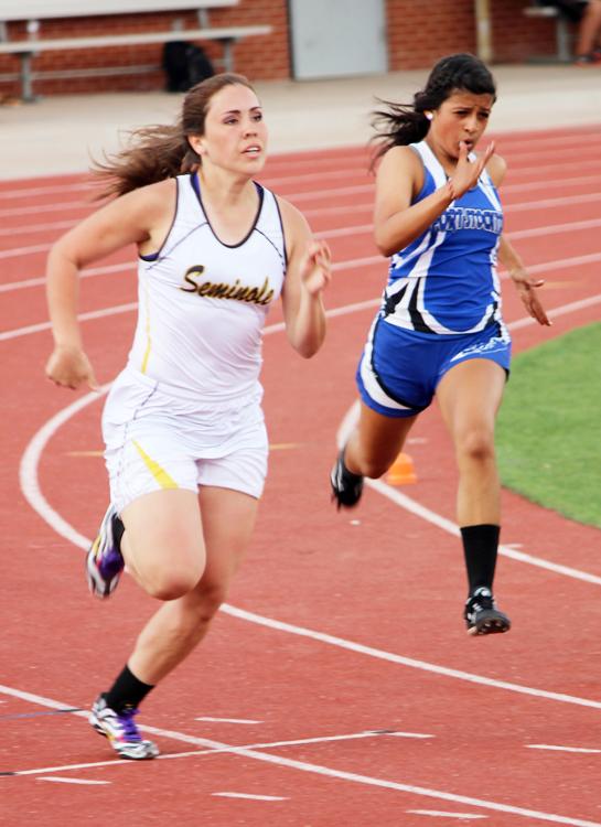 Round the curve--
Sophomore Kynedy Rosalez comes to the home stretch in her preliminary heat at the district track meet in Andrews on April 16. Rosalez qualifying for area on April 23 in Pecos.