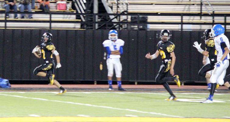 All the way--Sophomore Noel Salcido runs for a touchdown at the beginning of the fourth quarter against Fort Stockton on Sept. 17.