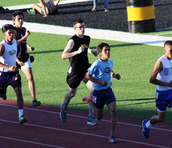 Longest race--
Senior Skyler Franklin runs the 3200-meters at the district track meet in Andrews on April 14. Franklin took fourth in the event, qualifying for area competition on April 21.