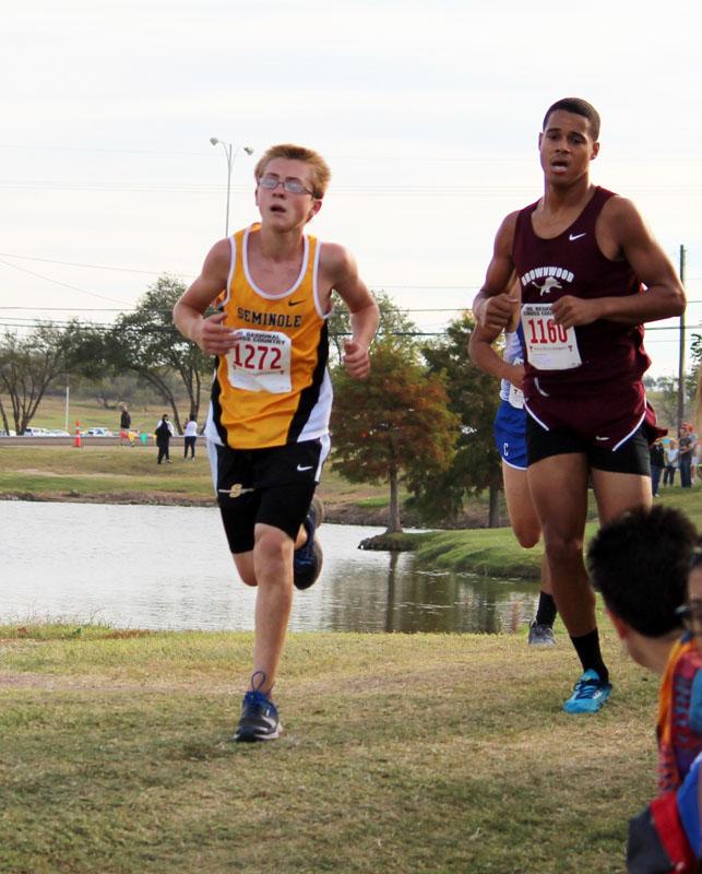 Running hills--
Freshman Joey Neudorf takes the hills during regional competition in Lubbock on Nov. 29. The Indians qualified for regionals with a third place finish at district which was held on the same course as regionals. 