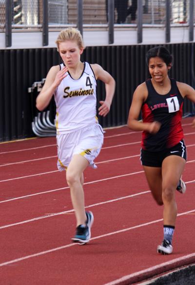 Into first--
Sophomore Taylor McGehee takes the lead during the 800-meter run during the home meet on March 9. MeGehee took first in a time of 2:38.73
