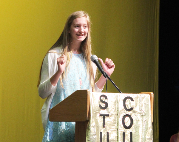 Vote for me--
Junior Katie Spradlin gives her candidate speech for president of the student body. Spradlin ran unopposed for the position.