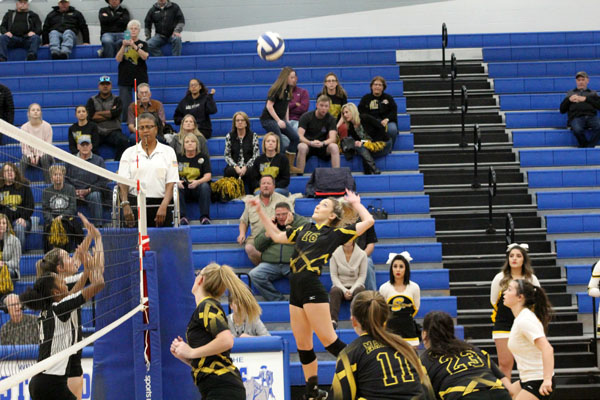 District MVP--
Senior outside hitter Taylor Roberts goes up for the kill against Bushland in the region quarterfinal game on Nov. 7. For the second year,  Roberts took the most valuable player award for District 2-4A. 