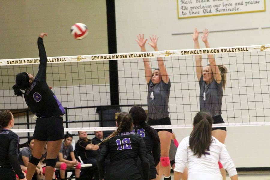 Make a wall--
Freshman Jaylee Matthews and junior Rita Klassen go up for the block agains Pecos on Tuesday. The Maidens had two solo blocks and five block assists in the win over the Lady Eagles.