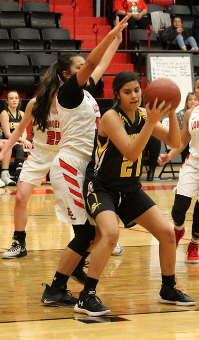 Post move--
Sophomore post Elizabeth Jurado vies for position during the non conference loss to Levelland on Dec. 11.
