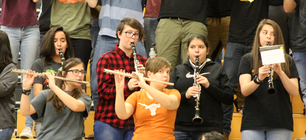 Musical spirit--
Woodwinds play Sweet Caroline during district play against Monahans on Feb. 5. This was the first game that the basketball band attended due to conflicts with competition.