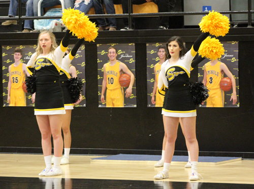 Wait for it--
Senior cheer captains Brittney Weeks and Mikenzie Stokes hold up a pompon during a free throw during district play against Monahans on Feb. 5. Cheerleaders cheered at district games and play-off games.