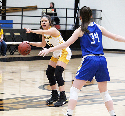 Pay back time--
Sophomore guard Xoe Rosalez calls a play during the Jan. 17 game with Lubbock Christian. The 50-46 Maiden win was retribution for the overtime loss to the Lady Eagles  in Lubbock on Jan. 3.  