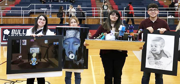 Statebound artists--
Junior Sydney Gonzales with her digital drawing 1-8--THE-LOST, sophomore Sandra Hernandez Tarango with her painting Limbos Dose, junior Raven Parker with her sculpture Family by Choice and freshman Kevin Ronquillo with his drawing Mono Miracle all qualified for state VASE in April.