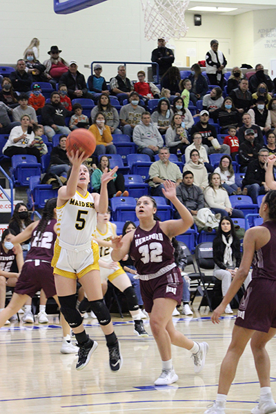 To the hoop--Junior guard Xoe Rosalez takes the ball baseline to score in the second quarter of the region quarterfinal versus Hereford on Feb. 19. Rosalez finished the game with 17 points.