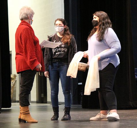 Blocking the scene--
Director Vonya Eudy works with seniors Samantha Gutierrez and Reese Cooper on a scene from the Spanish one-act play Yerma during fourth period on Jan. 21. Cooper portrays the title character, while Gutierrez has a dual role of a girl and a laundress in the play.