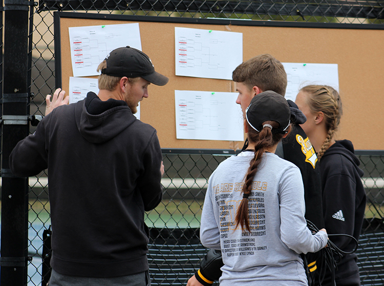 Getting ready--Coach Dylan Strickland talks to players about seeding before the district meet on the home courts on April 16. 