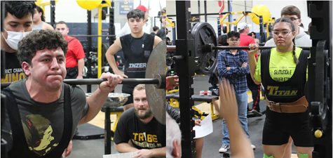 State qualifiers--Seniors Alexander Wootton and Yarely Delgado lift during the home meet. Both lifters qualified for state during spring break.