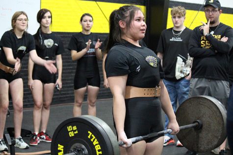 Weighty situation--
Lifting 315 pounds in the dead lift, junior Alexia Gonzales competes in the scrimmage with Denver City on Jan. 5. With the addition of 335 pounds in the squats and 200 pounds in bench press, Gonzales lifted 850 pounds total.