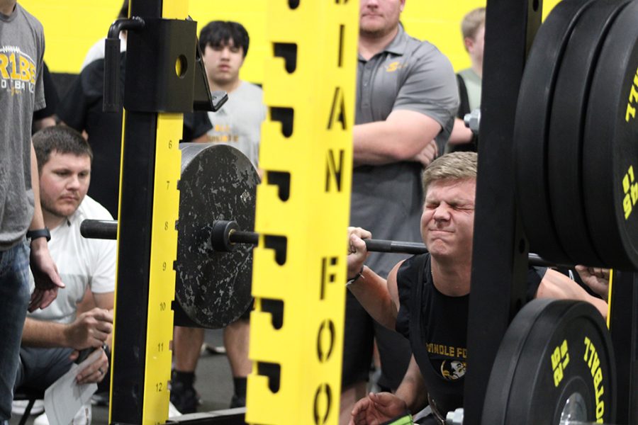 Effort to lift--
Junior Dillon Gretch squats 335 pounds during the scrimmage with Denver City on Jan. 5. Gretch squatted 335 pounds and benched 155 pounds additionally to reach 895 total pounds.