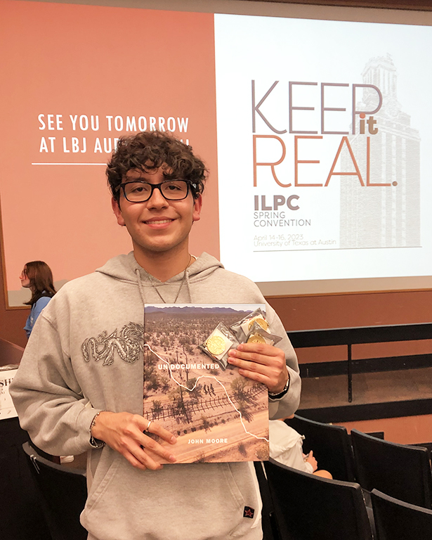 Trifecta--Senior Kevin Ronquillo takes three Tops in Texas awards at the Interscholastic League  Press Conference in Austin on April 15. Ronquillo defeated all competitors from middle school through 6A in three categories: online sports action photo, online student artwork and online photo portfolio.