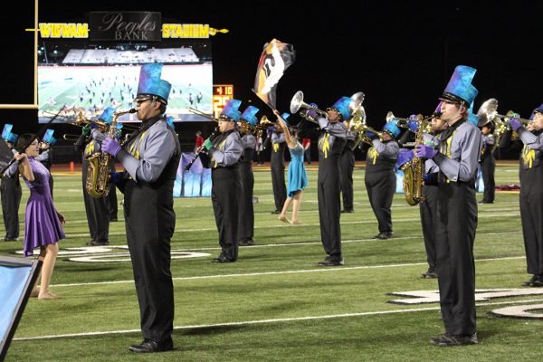 Seeing double--The Pride of the Tribe performs during halftime on the field and on the scoreboard on Oct. 13.