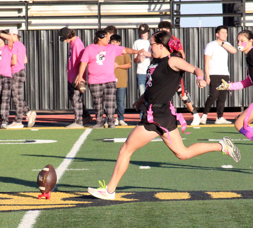 Let it fly--Senior kicker Melanie Johnson sends the ball down field during powder puff play on Oct. 20.