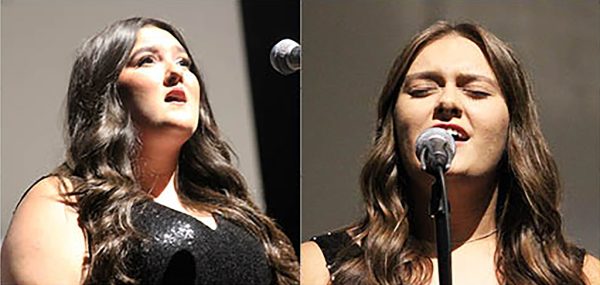 All-state voices--Seniors Aubrey Brown and Angie Klassen Enns perform at the fall choir concert on Oct. 23 in the performing arts center. The duo became the first three-time all-state choir members in January and will perform at the all-state concert in San Antonio on Feb. 10.