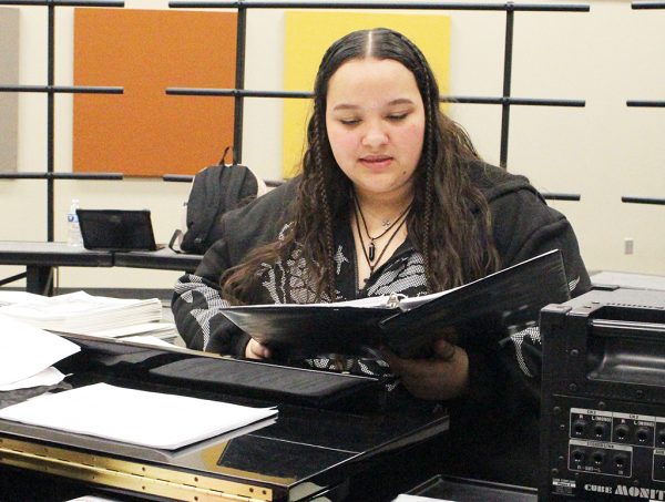 Working the solo--A Cappella junior Margarita Maese Carbajal works on her solo during Tribe time on Jan. 30. Maese Carbajal qualified for state in both solo and ensemble competition on Feb. 3.