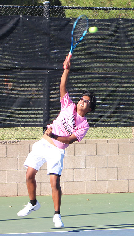 Serve it up--Senior Zeke Carrillo serves to Lubbock Cooper Liberty's Sawyer Mulkey during district singles play on Oct. 1. Carrillo defeated Mulkey, 6-3, 6-4.