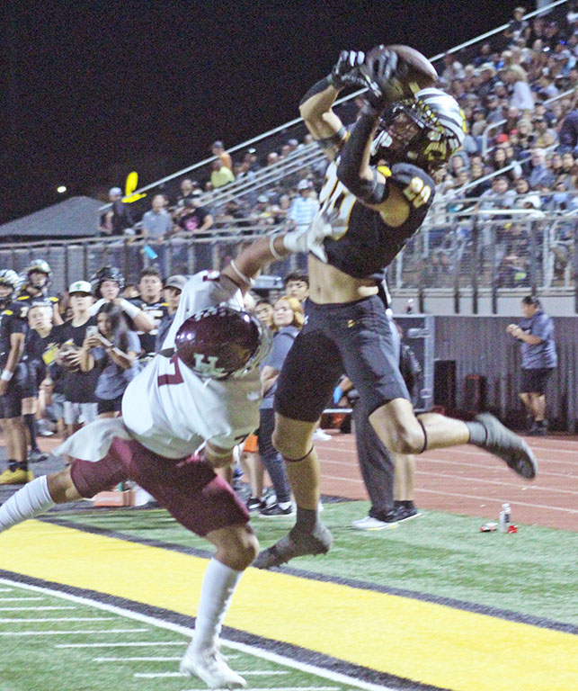 Flying catch--
Junior receiver Stephen Davis leaps for the ball to put the Indians in scoring position during the third quarter on Oct. 4. 
Davis had eight receptions for 87 yards in the 49-17 victory over Hereford.