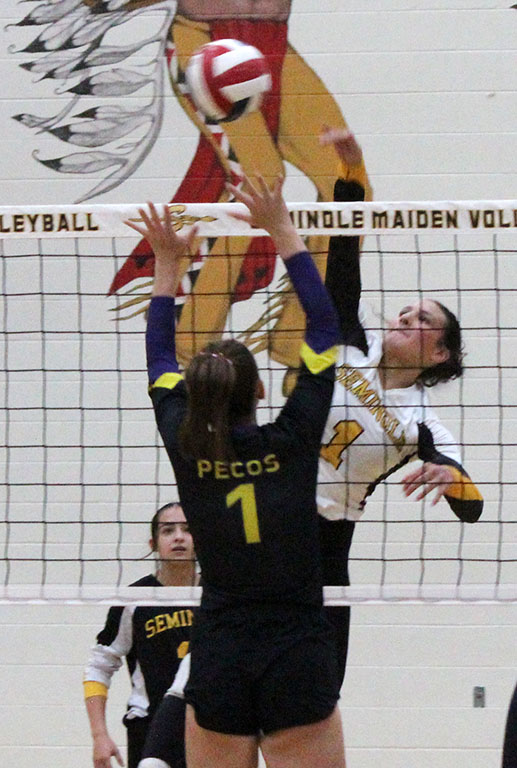 Taking aim--Sophomore libero Ashlyn Guynes serves during district play with Fort Stockton on Oct. 15. Guynes was selected for the all-district first team.