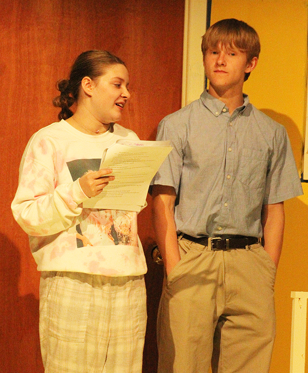 Run through--Junior understudy Hannah Ortega reads lines to junior Joey Penner, who plays Alan Seymour, during rehearsals for Picnic on Nov. 11.