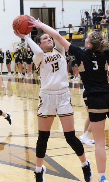 MVP--Sophomore forward Austyn Flowers works a shot against an Andrews player during district on Jan. 28. Flowers was selected as most valuable player by the district coaches.