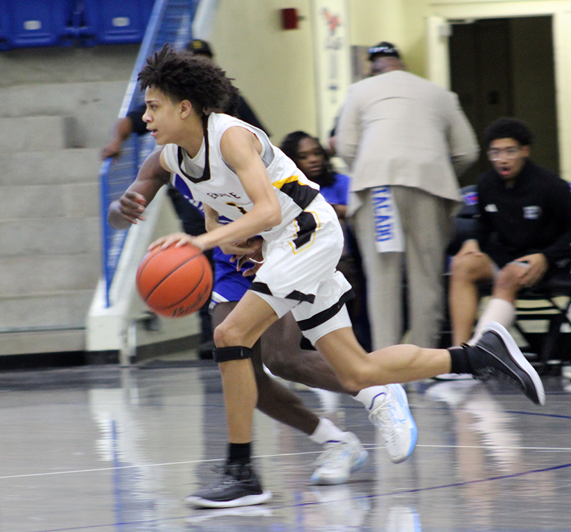 Most valuable player--Sophomore guard Tristan Flemons starts the fast break during region semifinal play versus Estacado on Feb. 25. Flemons had 18 points in the Indian loss to the Matadors.