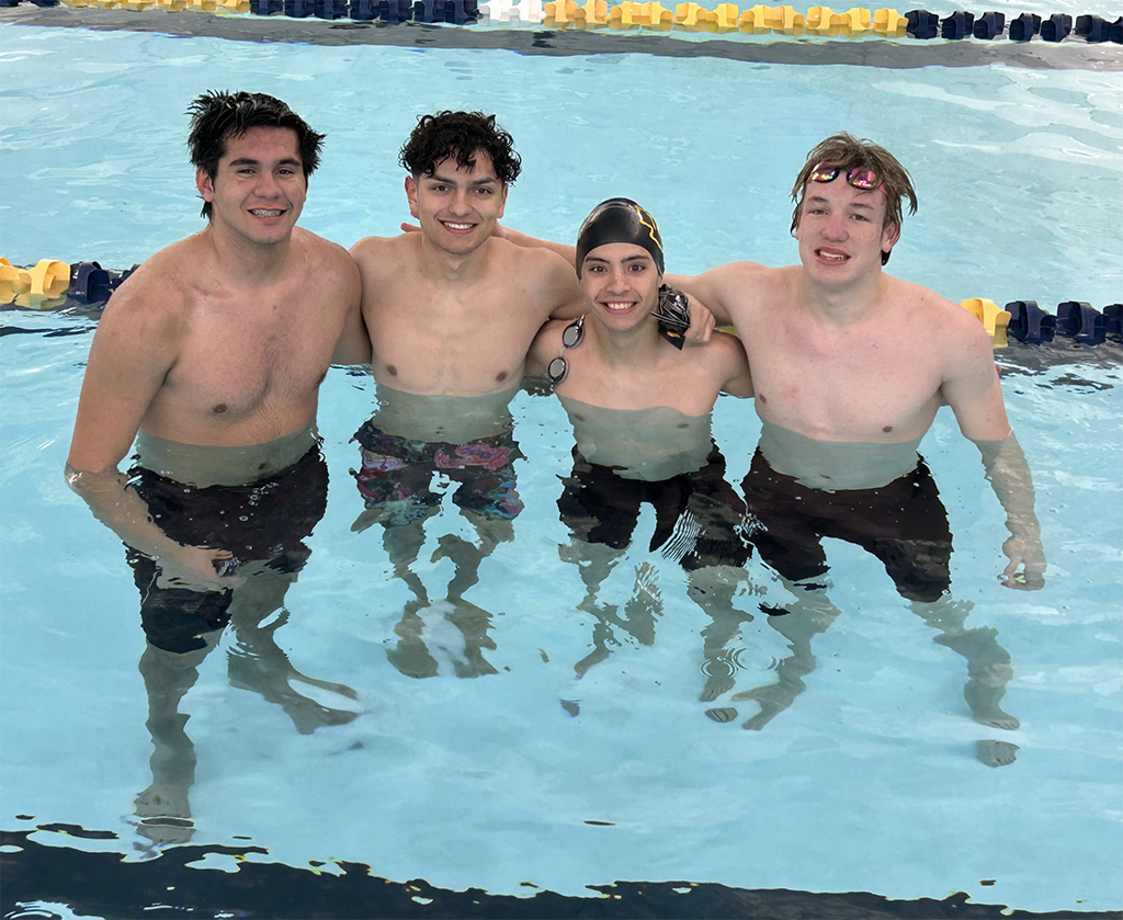 New record--The 200-yard freestyle relay of juniors Gabryl Alaniz, Carlos Arzate, Ashton Booth and sophomore Austin Peters broke the school record at the state swim meet on Feb. 14 with 1:39.32. Alaniz took 11th in the 100-yard butterfly.