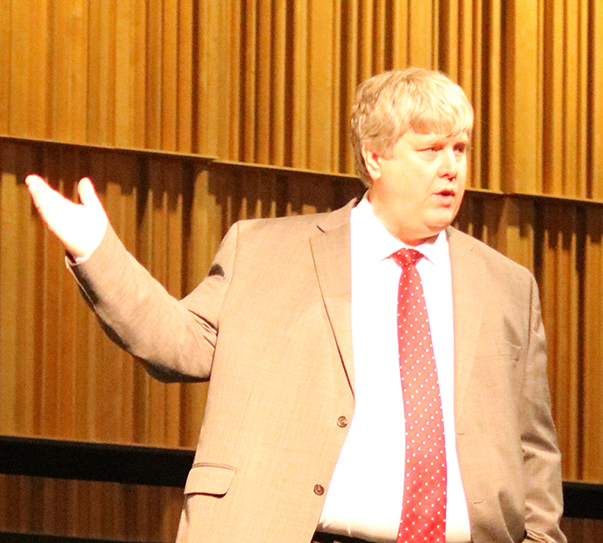 One of the last–Welcoming the crowd to the pre-UIL concert on March 3, Choir Director Eric Hindman gets ready to take his last choirs to concert and sight-reading competition. His mixed a cappella group took the final sweepstakes of his career, bringing the total to 100 sweepstakes trophies.