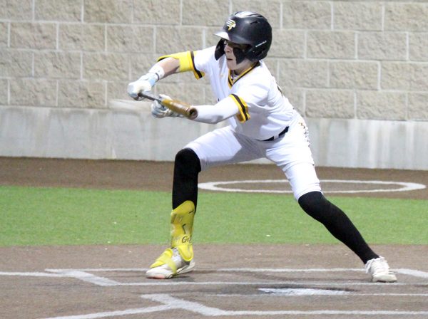 Short shot--Sophomore Michael Ray bunts against Brownfield in the first game of the home tournament on Feb. 27. 