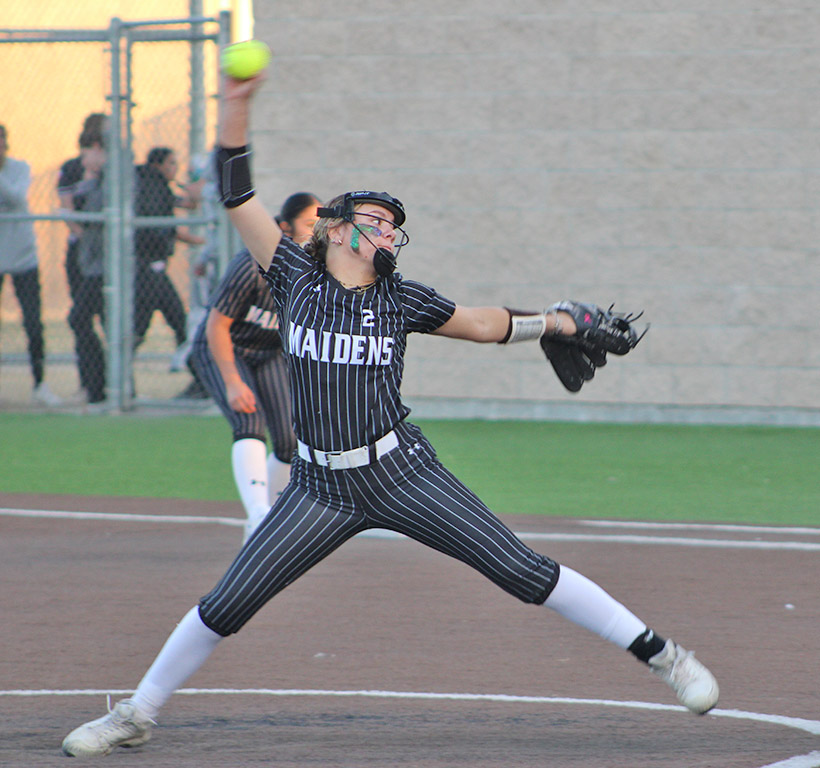 Let it rip--Senior pitcher Zoey Teichroeb pitches to an Idalou batter during tournament play in Seminole on Feb. 28. The Maidens defeated the Wildcats, 14-0.