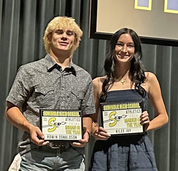 Top athletes--Seniors Rowin Donaldson and Kilee Ivy were the Indian and Maiden of the Year.