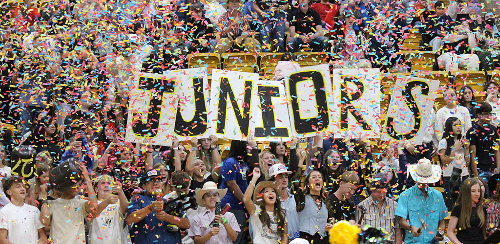 SPIRIT WINNERS--The junior class took over the freshman rail spot to claim the victory cry win at the pep rally on Sept. 5.