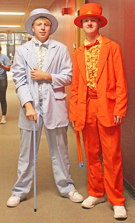 Duo day--Juniors Landon Pratt and Luke Elder don "Dumb and Dumber" suits for You've Got a Friend in Me duo day on Sept. 9.