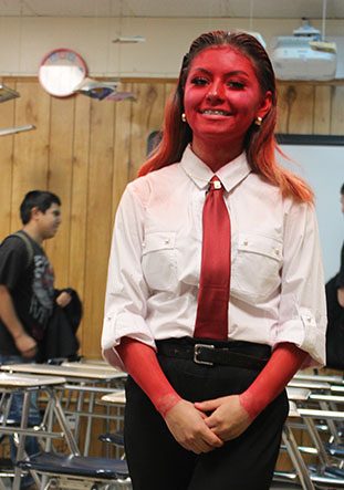 Inside out--Senior Brianna Gomez dresses as an emotion from the movie "Inside Out" for Disney/Pixar Tuesday during homecoming week.