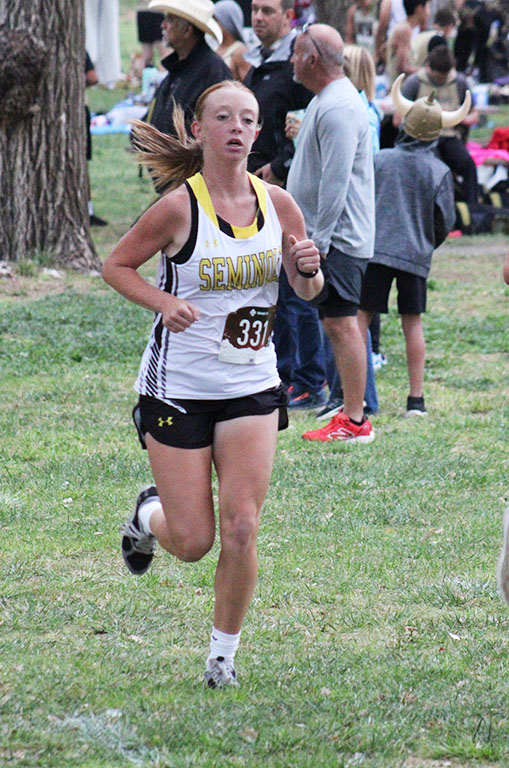 Looking for a medal--
Junior Addison Armstrong runs the second loop at Yoakum County Park on Sept. 6 at the Plains meet. Armstrong took fifth overall with a time of 12:29.50.