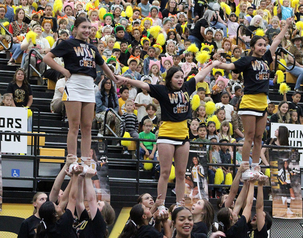 High flyers--
Junior varsity cheerleader sophomore Joss Navarrette, varsity cheerleaders junior Peyton Bailey and sophomore Belen Favela Ramirez perform a stunt during the Wild Animal Print Day pep rally on Sept. 19.